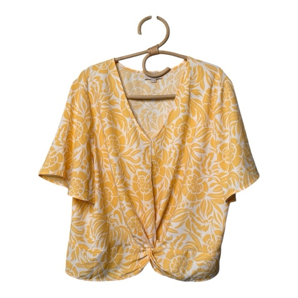 Ann Taylor Loft Deep V-Neck Short Sleeve Yellow & White Knot Floral Print Blouse - Picture 1 of 10